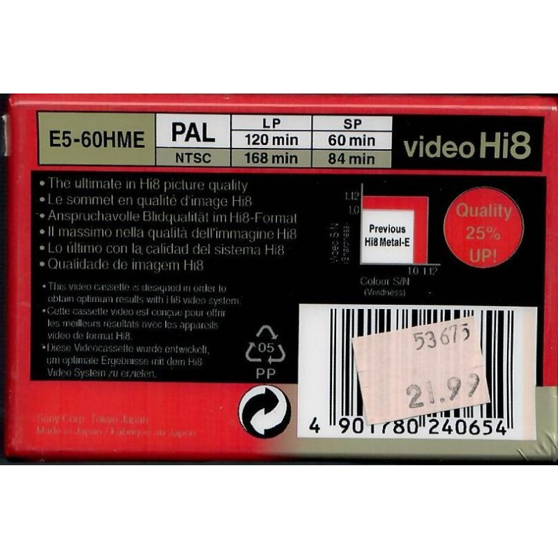 Sony Hi8 8mm Video Cassette E5-60HME  Neu Camcorder Tape/ Cassette.